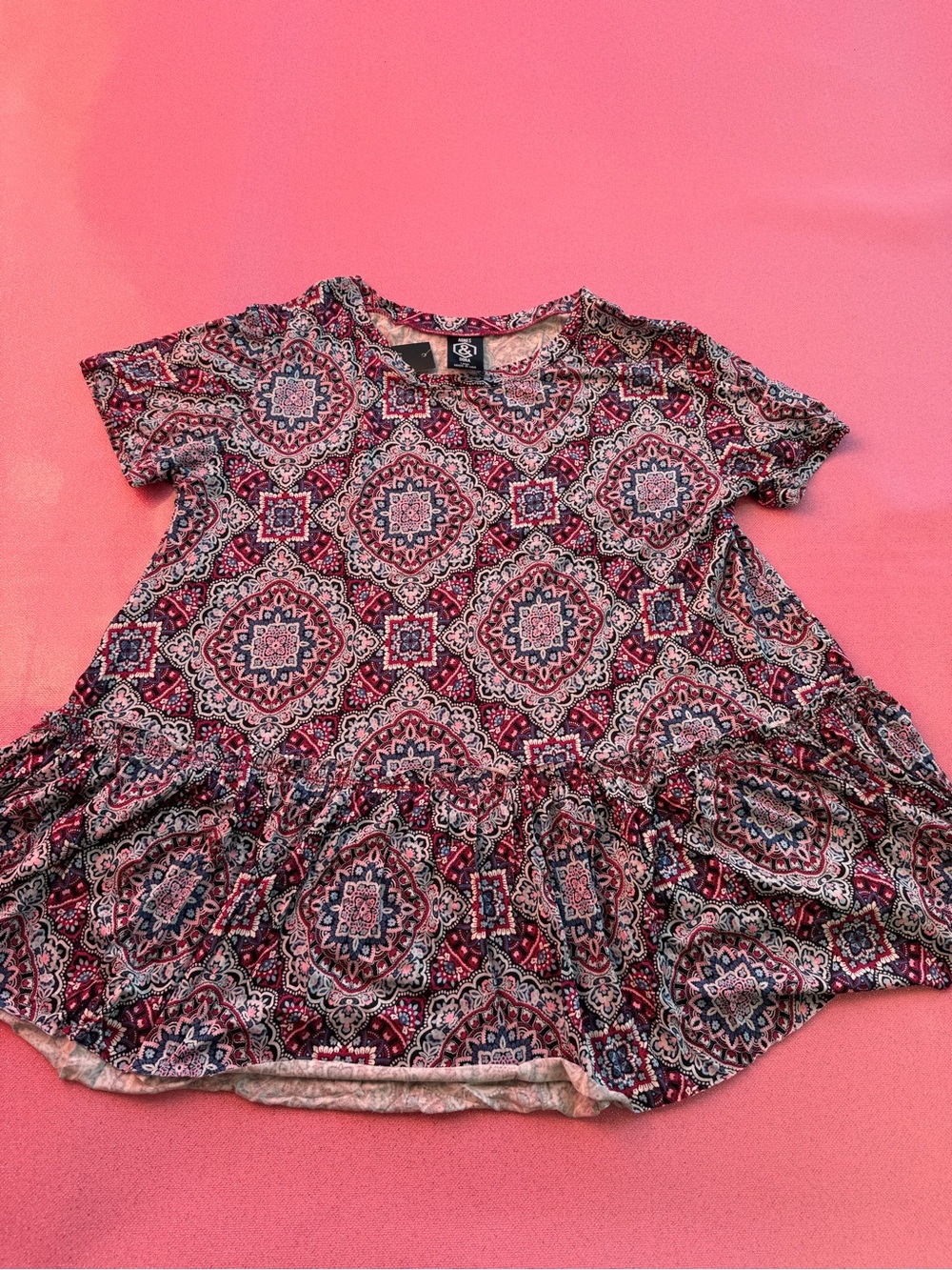 Agnes & Dora Pink and Navy Medallion Ruffle Tee